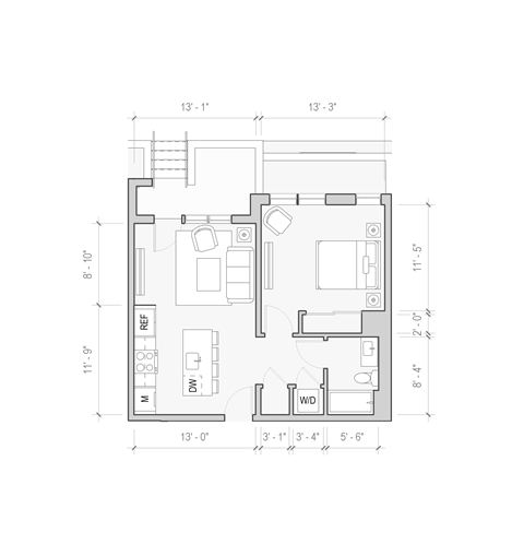 Floor plan for 1 bed, 1 bath, 651 sqft